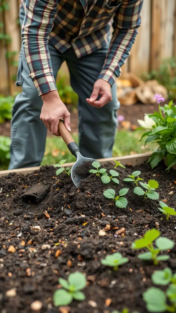 13 Beautiful Raised Flower Bed Ideas for Your Front Yard 9 Person preparing soil in a raised flower bed