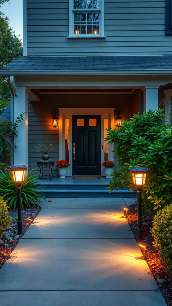 15 Creative Front Porch Lighting Ideas for a Stunning Entryway 6 Front porch with solar pathway lights illuminating the path.