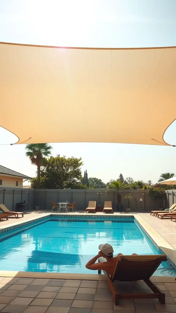 21 Creative Pool Equipment Enclosure Ideas for Your Backyard 6 A person relaxing by a pool under a large solar shade canopy