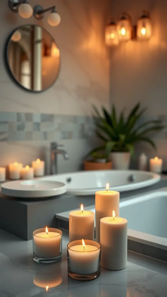 17 Cozy Bathroom Ideas for a Relaxing Retreat 10 Cozy bathroom with soothing aromatherapy candles illuminating the space.