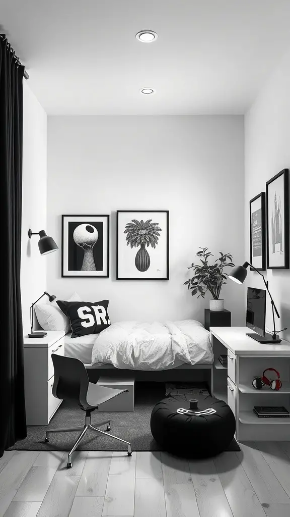 25 Stunning Luxury Dorm Room Ideas to Elevate Your Space 14 A stylish dorm room featuring a black and white color scheme with a bed, desk, and art on the walls.