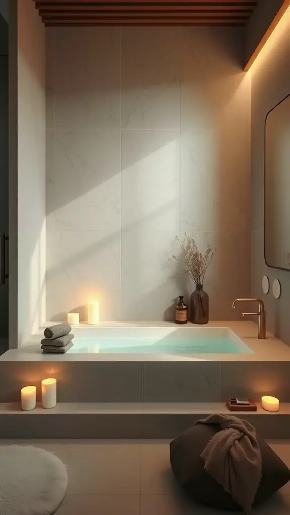 21 Stunning Upstairs Bathroom Ideas You’ll Love 5 A serene bathroom featuring a soaking tub, candles, and soft lighting.
