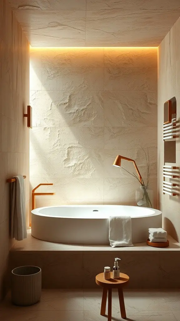 19 Creative Windowless Bathroom Ideas You’ll Love 11 A serene windowless bathroom featuring a round bathtub, textured walls, and warm lighting.