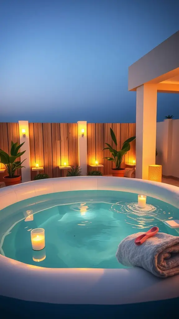 21 Inspiring Inflatable Pool Ideas for Your Backyard Oasis 10 An inflatable pool set up for relaxation, surrounded by candles and plants.