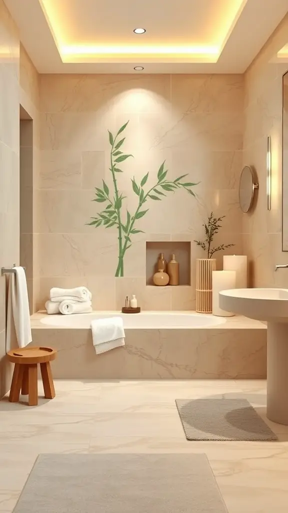 21 Timeless Bathroom Ideas to Transform Your Space 2 A serene spa-like bathroom retreat with neutral tones, bamboo design, and a cozy bathtub.