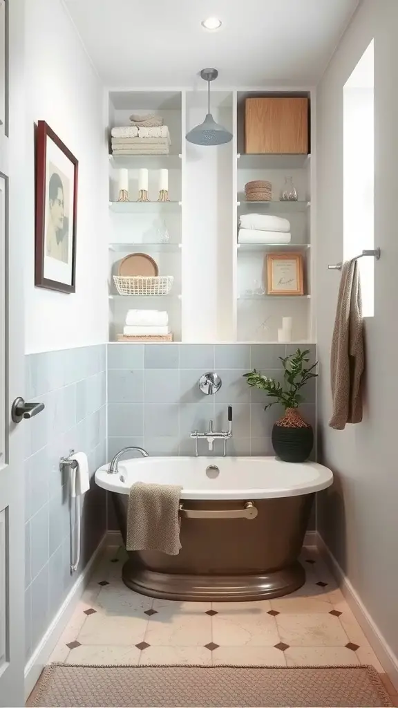 27 Clever Tiny Bathroom Ideas for Maximum Style and Functionality 16 A modern tiny bathroom with a space-saving bathtub, shelves with towels, and decorative items.