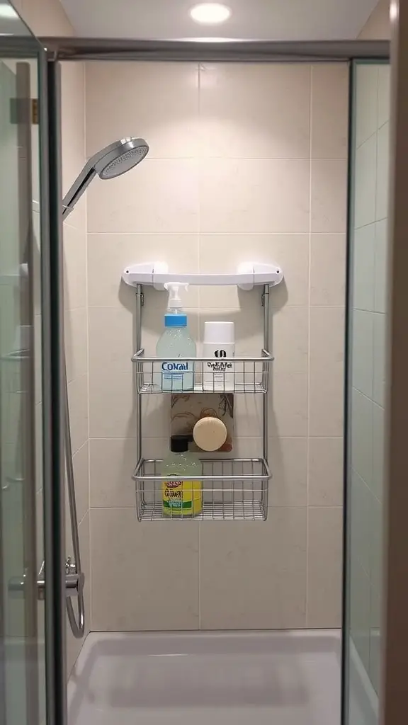 19 Creative Dorm Bathroom Ideas for a Stylish Space 13 A folding shower caddy mounted on a bathroom wall, showcasing toiletries and cleaning products.