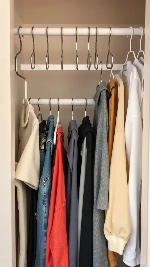 19 Creative Dorm Closet Organization Ideas You Need to Try 10 A dorm closet with space-saving slim hangers holding various items of clothing.