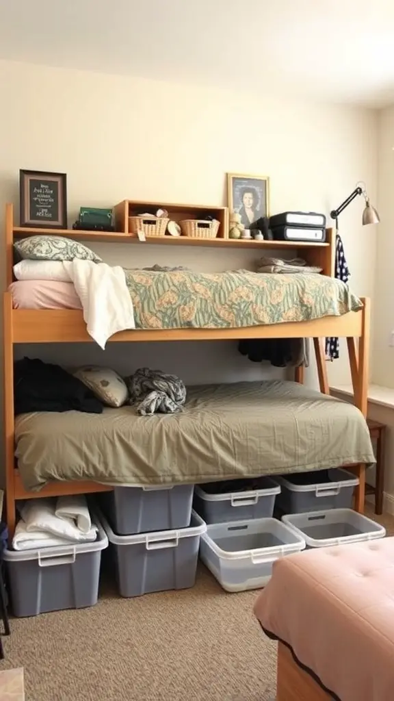 19 Stylish Dorm Room Ideas for a Cozy and Functional Space 15 A dorm room featuring a lofted bed with storage bins underneath and a shelf above.