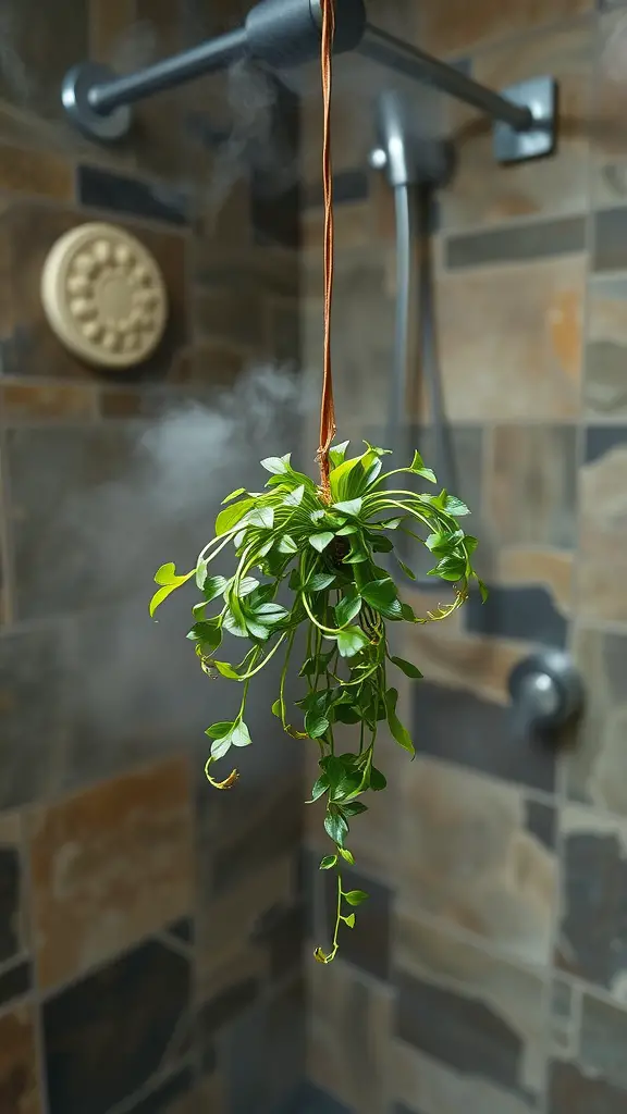 27 Shower Plants Ideas to Transform Your Bathroom into a Green Oasis 2 A spider plant hanging in a shower, surrounded by steam.