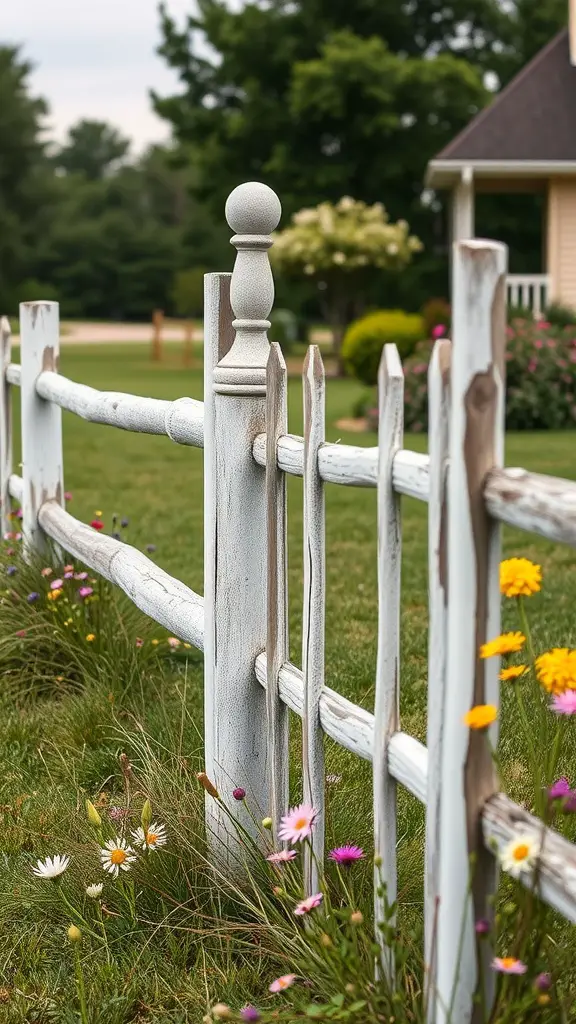 17 Creative Front Yard Fence Ideas You’ll Love 16 A rustic white split rail fence surrounded by wildflowers in a front yard.