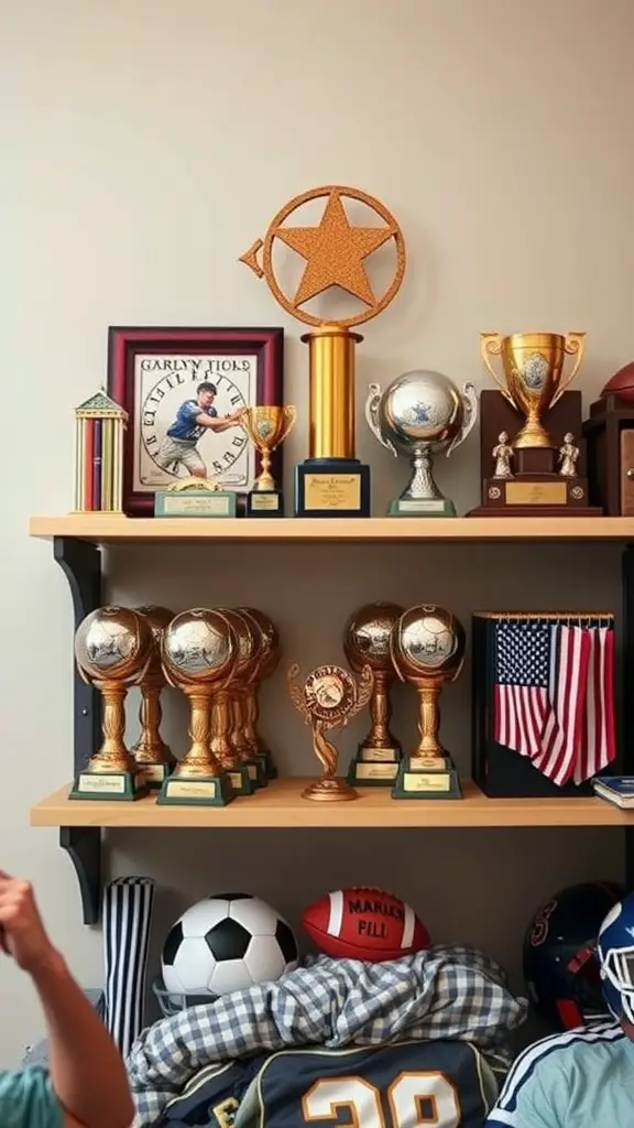 21 Creative Boys Dorm Room Ideas to Elevate Your Space 2 A shelf displaying sports trophies, awards, and memorabilia, including a golden trophy, soccer ball, and American flag.