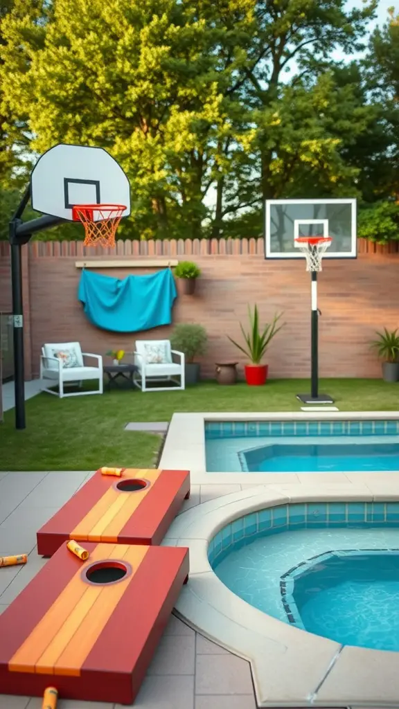 15 Inspiring Outdoor Jacuzzi Ideas for Your Backyard Retreat 14 Jacuzzi next to outdoor games including basketball and cornhole.