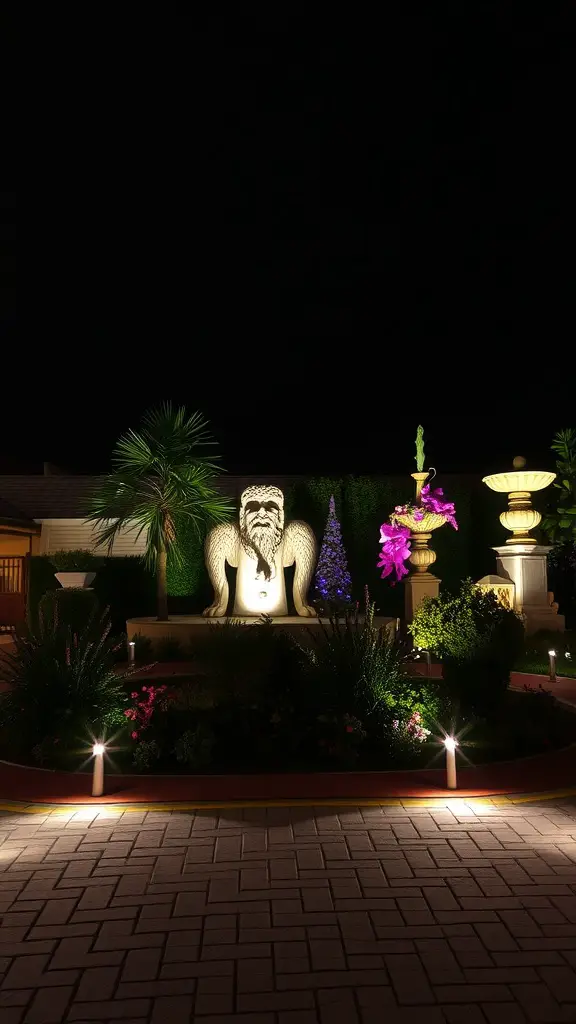 19 Creative Backyard Lighting Ideas to Brighten Your Outdoor Space 17 A garden featuring a lit sculpture surrounded by plants and flowers at night.