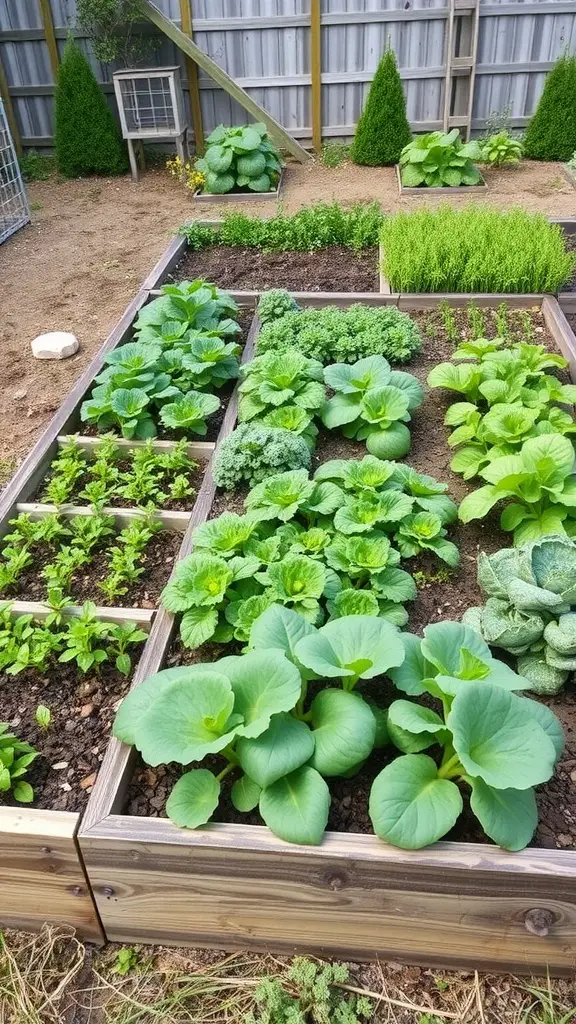 19 Creative Raised Garden Bed Layout Ideas for Your Backyard 13 A raised garden bed layout with various vegetables like lettuce, kale, and herbs arranged in square foot sections.
