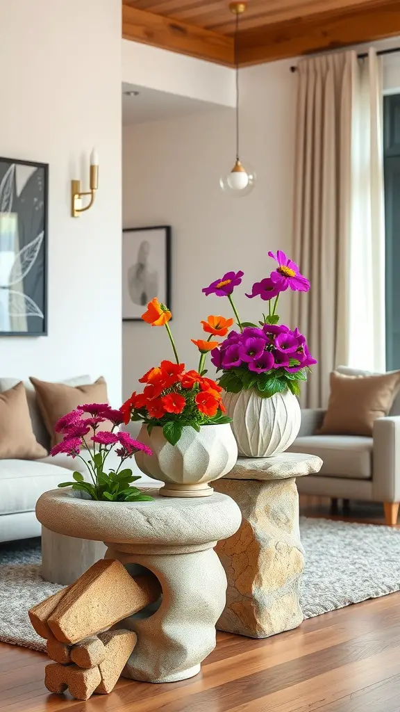 15 Stunning Indoor Flower Pot Ideas for Your Home 6 Colorful stacked stone flower pots with vibrant flowers in a modern living room