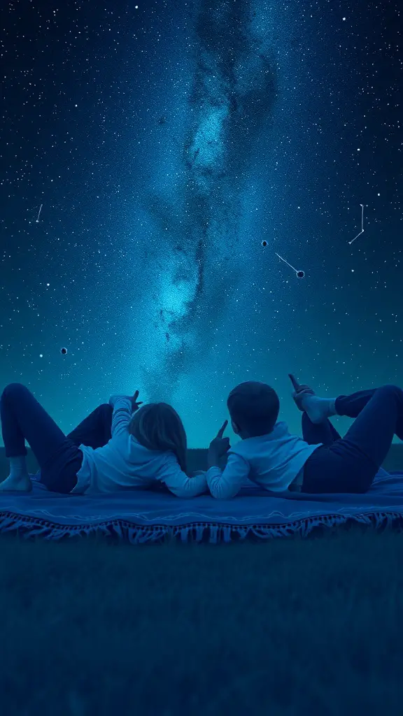 15 Fun Outdoor Activities for Kids to Enjoy 13 Two children laying on a blanket, gazing at a starry night sky.