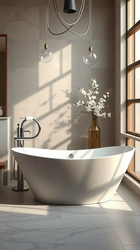 21 Stunning Upstairs Bathroom Ideas You’ll Love 16 A modern statement bathtub in a bright bathroom with natural light and stylish decor.