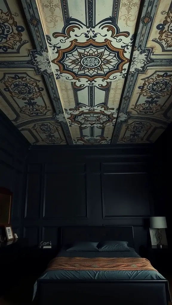 19 Cozy Dark Bedroom Aesthetic Ideas to Transform Your Space 11 Intricate ceiling design in a dark bedroom