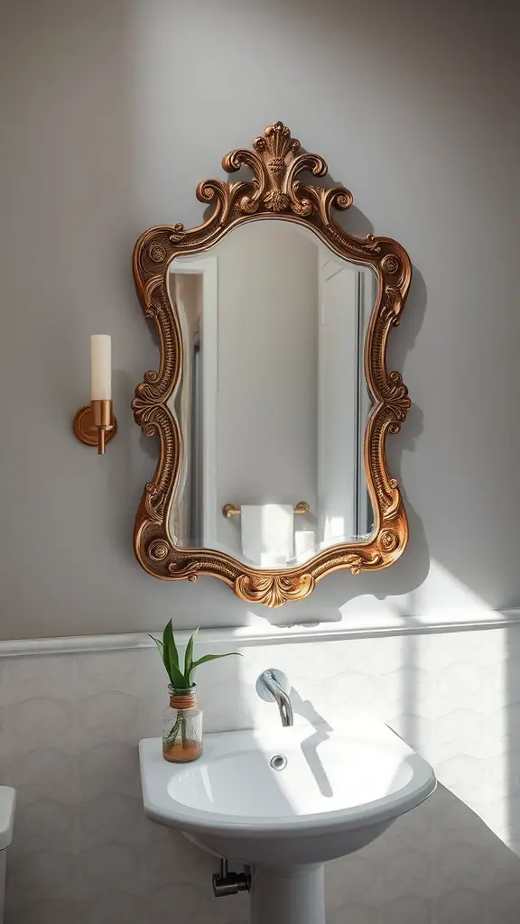 21 Timeless Bathroom Ideas to Transform Your Space 6 A beautifully ornate gold-framed mirror above a modern sink in a stylish bathroom.