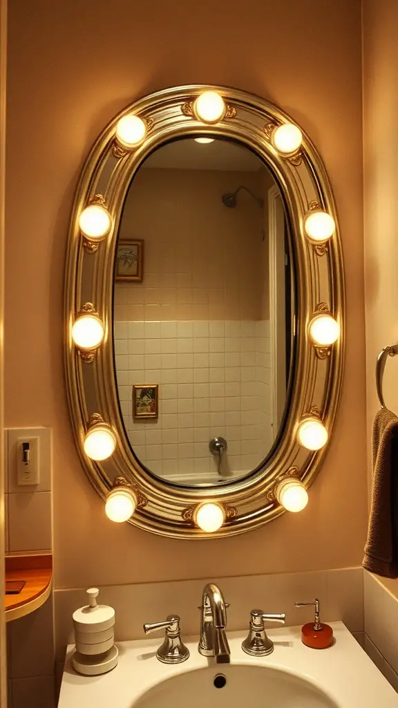 15 Fabulous 70s Bathroom Aesthetic Ideas to Inspire Your Renovation 16 A vintage-style bathroom mirror with bright bulbs around the edge, showcasing a retro 70s aesthetic.