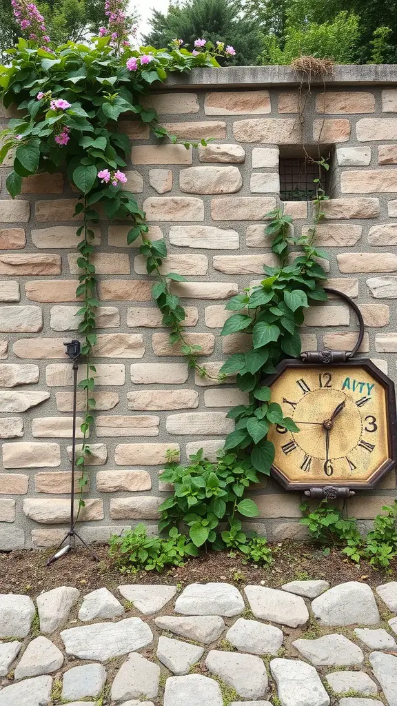21 Creative Garden Fence Ideas to Transform Your Outdoor Space 4 A stone garden wall with pink flowers and a vintage clock, alongside a cobblestone path.