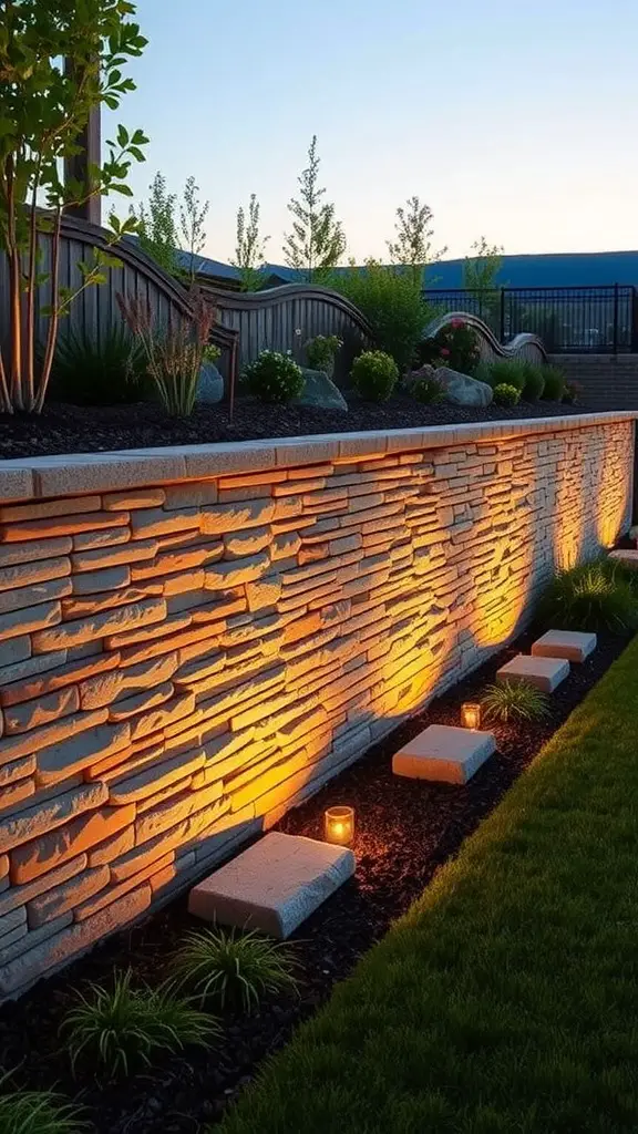 25 Stunning Landscape Retaining Wall Ideas for Your Outdoor Space 14 A stone veneer retaining wall with warm lighting, surrounded by greenery and stepping stones.