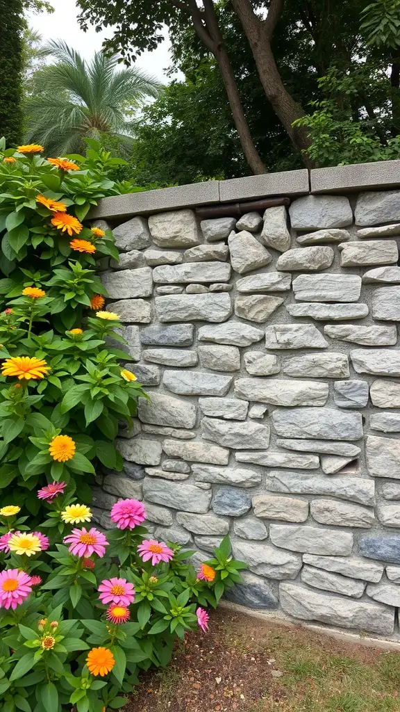 17 Creative DIY Garden Fence Ideas to Enhance Your Outdoor Space 14 A stone wall garden fence with colorful flowers in front