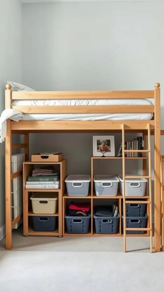 21 Creative Lofted Dorm Bed Ideas for Small Spaces 2 Lofted bed with organized storage underneath, featuring shelves and bins.