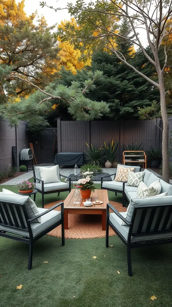 21 Creative Backyard Privacy Ideas to Keep Neighbors at Bay 15 Cozy outdoor seating area with chairs, a coffee table, and surrounding greenery.