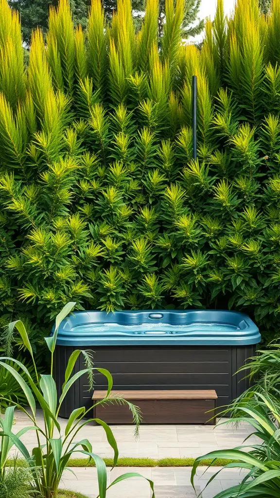 19 Creative Hot Tub Privacy Ideas for Ultimate Relaxation 4 A hot tub surrounded by tall green plants providing privacy.