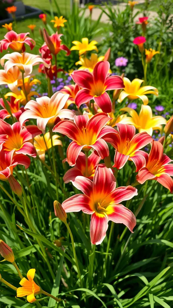 21 Stunning Full Sun Plants for Your Garden 11 A vibrant display of daylilies in various colors, featuring red and yellow blooms among green foliage.
