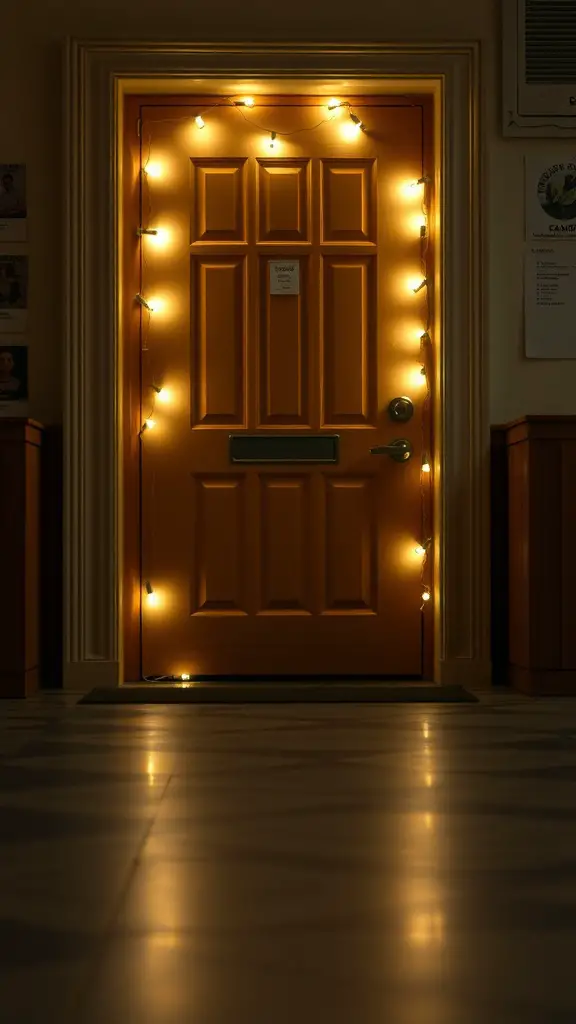 21 Creative Dorm Door Decoration Ideas for a Personal Touch 14 A dorm door decorated with string lights, creating a warm and inviting look.