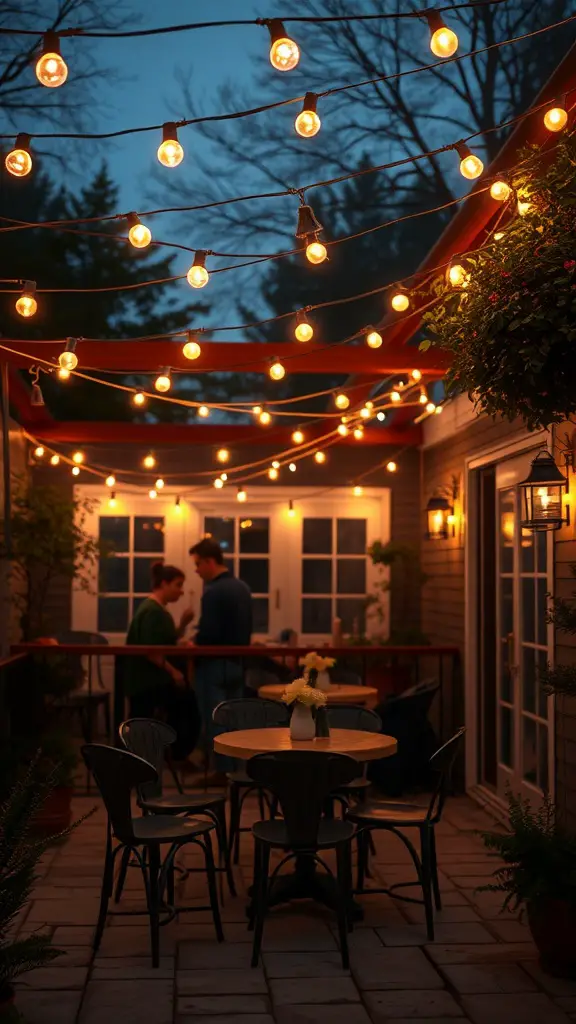 23 Creative Patio Lighting Ideas to Transform Your Outdoor Space 8 String lights draped overhead on a patio, creating a warm and inviting atmosphere for a couple enjoying their evening.