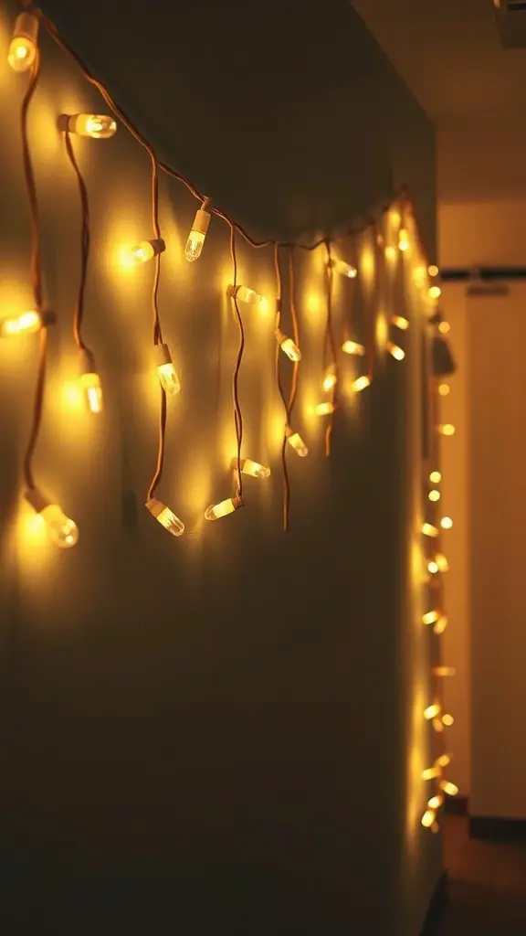 19 Creative Dorm Wall Decor Ideas to Personalize Your Space 7 String lights glowing softly on a wall, creating a cozy atmosphere.