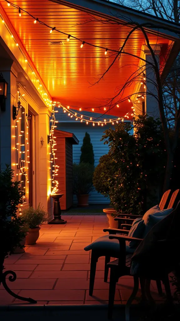 15 Creative Front Porch Lighting Ideas for a Stunning Entryway 4 A cozy front porch decorated with warm string lights hanging from the ceiling, illuminating the space and enhancing the inviting atmosphere.