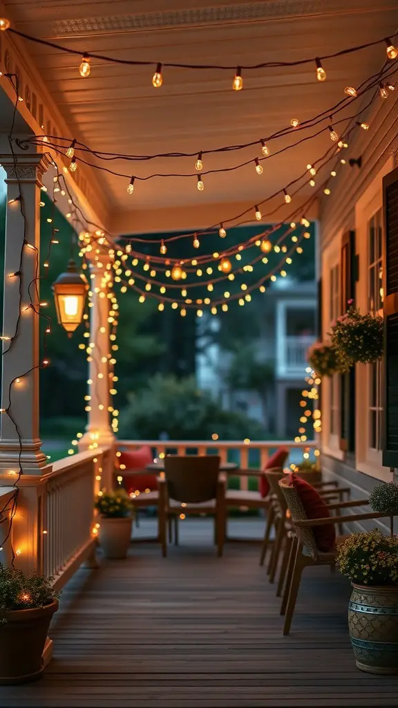 21 Creative Porch Light Ideas to Beautify Your Entryway 7 A porch adorned with string lights, creating a cozy atmosphere with comfortable seating and potted plants.