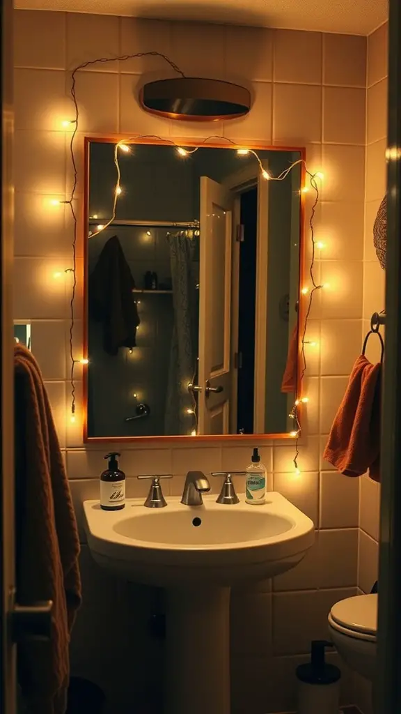 23 Creative College Bathroom Decor Ideas for a Stylish Space 4 A bathroom mirror framed with warm string lights, creating a cozy atmosphere.