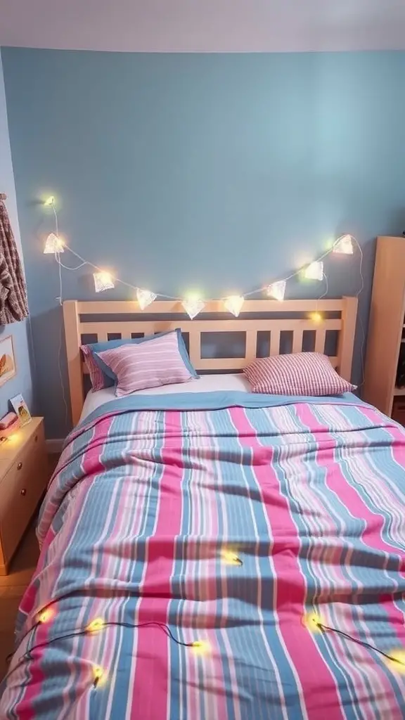 19 Stylish Pink and Blue Dorm Room Ideas to Elevate Your Space 8 A cozy dorm room featuring striped pink and blue bedding on a bed with fairy lights above.