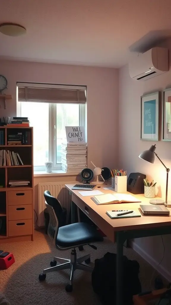 21 Creative Dorm Living Room Ideas to Maximize Space 9 Cozy student study area with a desk, chair, and bookshelves.