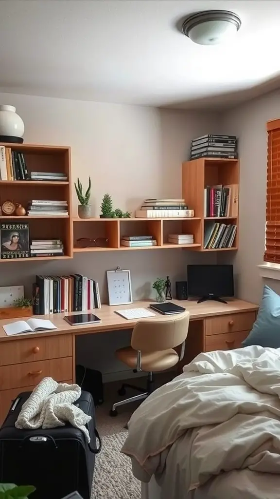 19 Creative Dorm Layout Ideas to Maximize Your Space 4 Cozy study nook with wooden desk, comfortable chair, books, and plants.