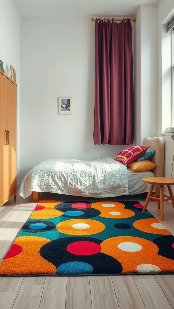 19 Stylish Dorm Room Ideas for a Cozy and Functional Space 11 Colorful area rug with circles in a dorm room setting