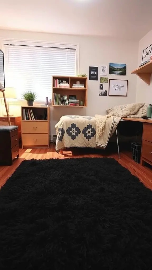 25 Dark Dorm Room Aesthetic Ideas for a Cozy and Chic Vibe 17 A cozy dorm room featuring a plush black rug, wooden furniture, and a neatly made bed.