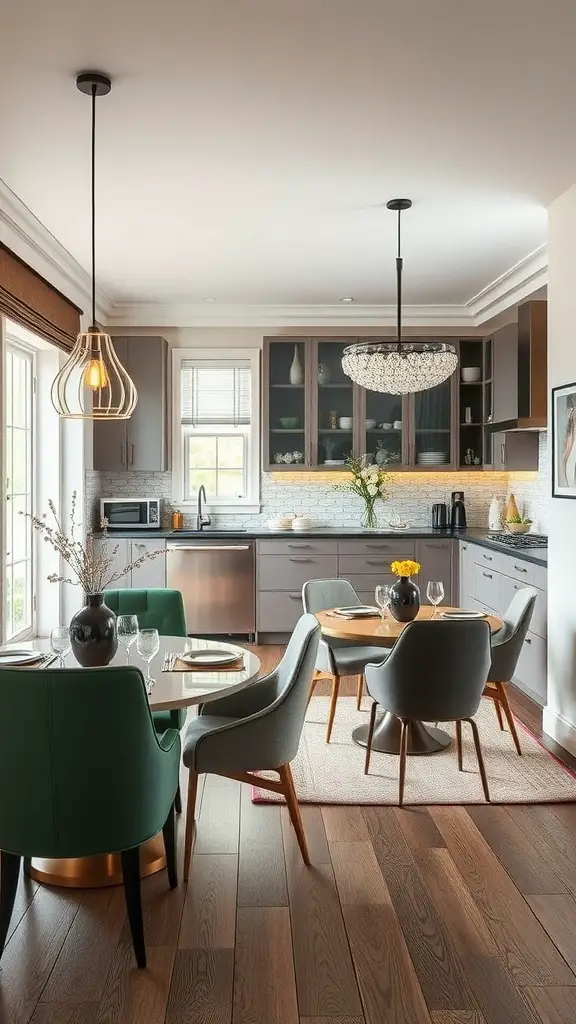 19 Elegant Luxury Kitchen Ideas for a Chic Home Makeover 15 Stylish kitchen with a dining area featuring modern furnishings and warm wood tones.