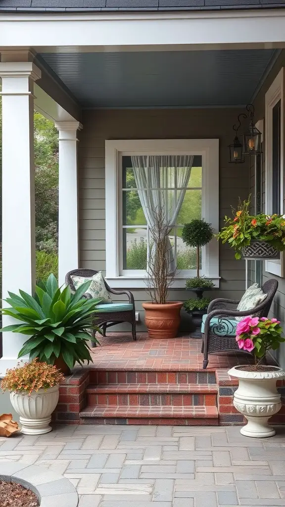 25 Stunning Front Entry Landscaping Ideas for a Welcoming Home 10 A stylish front porch with brick steps, comfortable chairs, and potted plants.