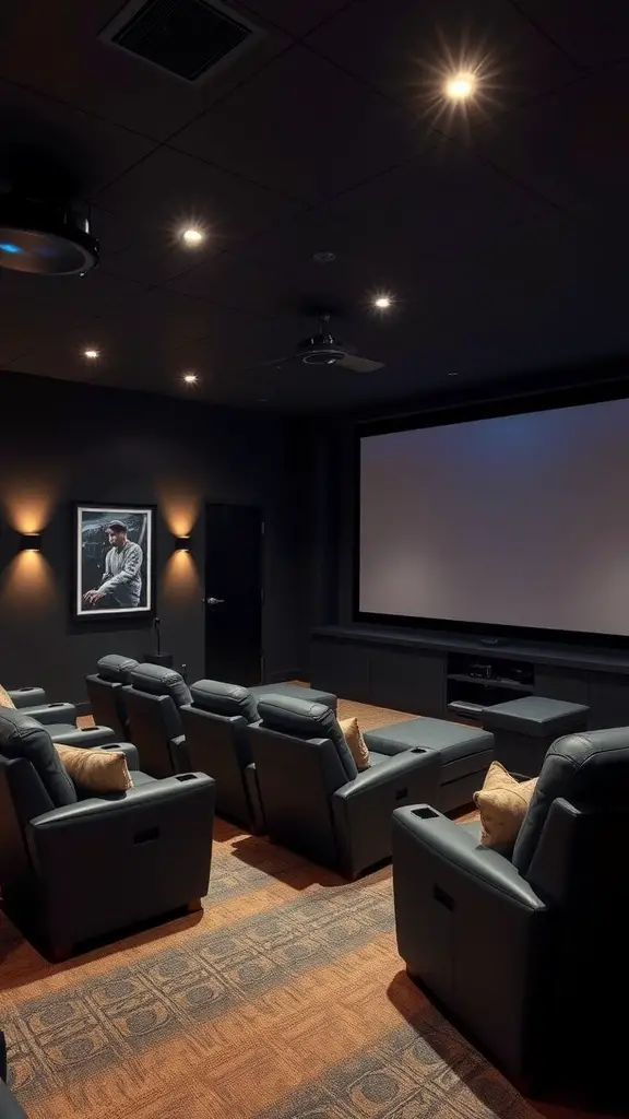 21 Cozy Basement Ideas for a Warm and Inviting Space 9 Stylish home theater setup with leather reclining chairs, soft lighting, and a large screen.