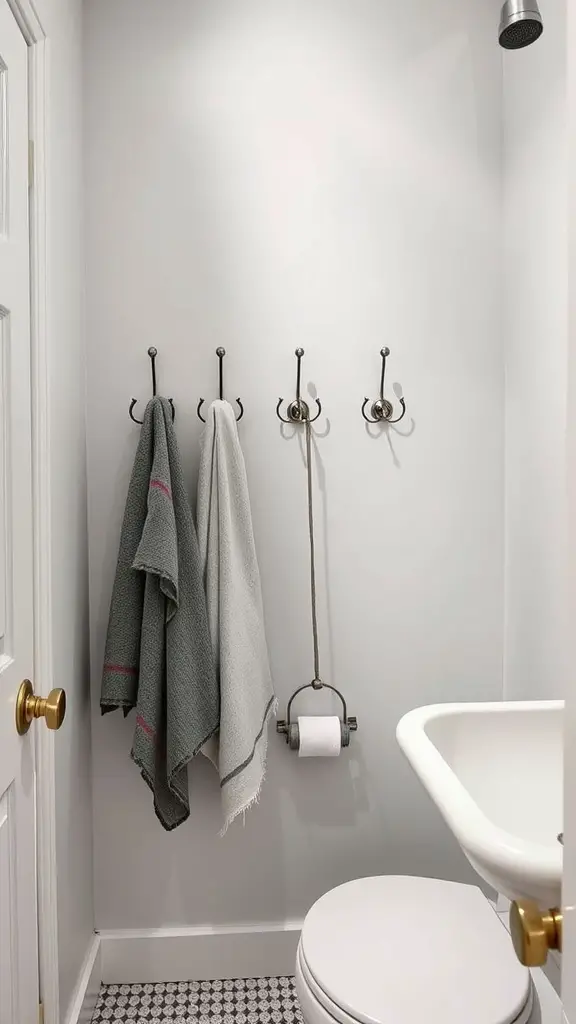 23 Stunning Small Bathroom Interior Ideas for a Stylish Makeover 16 Small bathroom featuring elegant hooks for towels and a sleek toilet.