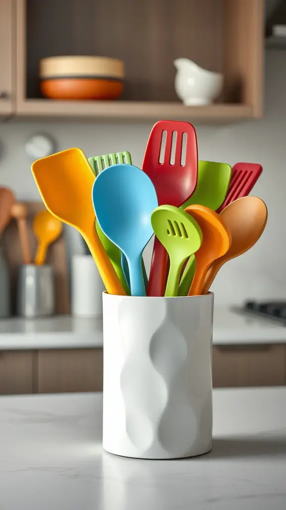 29 Thoughtful Housewarming Gift Ideas Everyone Will Love 17 Colorful kitchen utensils in a stylish white holder on a countertop