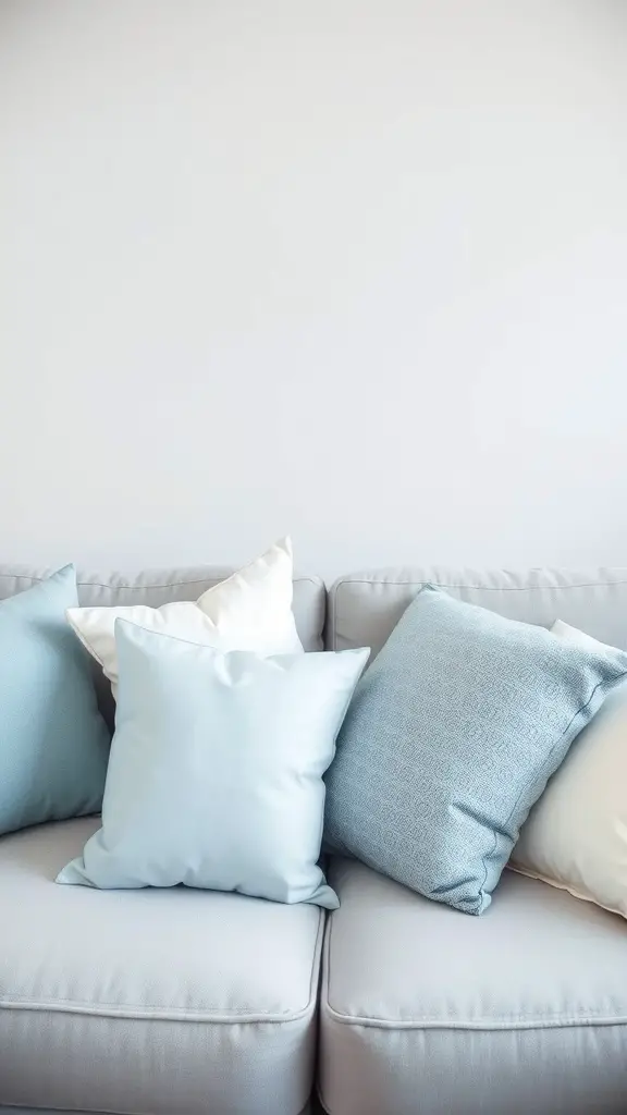 21 Charming Light Blue Dorm Room Ideas to Refresh Your Space 6 A couch with stylish light blue throw pillows in different textures and patterns.