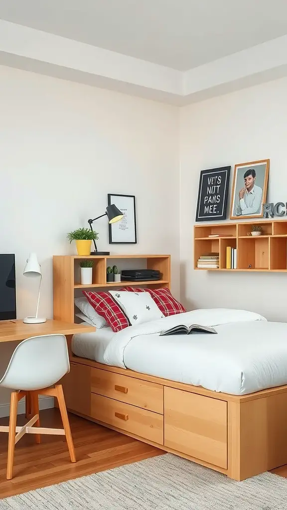 15 Adorable Dorm Room Ideas to Transform Your Space 13 A stylish dorm room with a bed featuring storage underneath, a desk, and wall shelves.